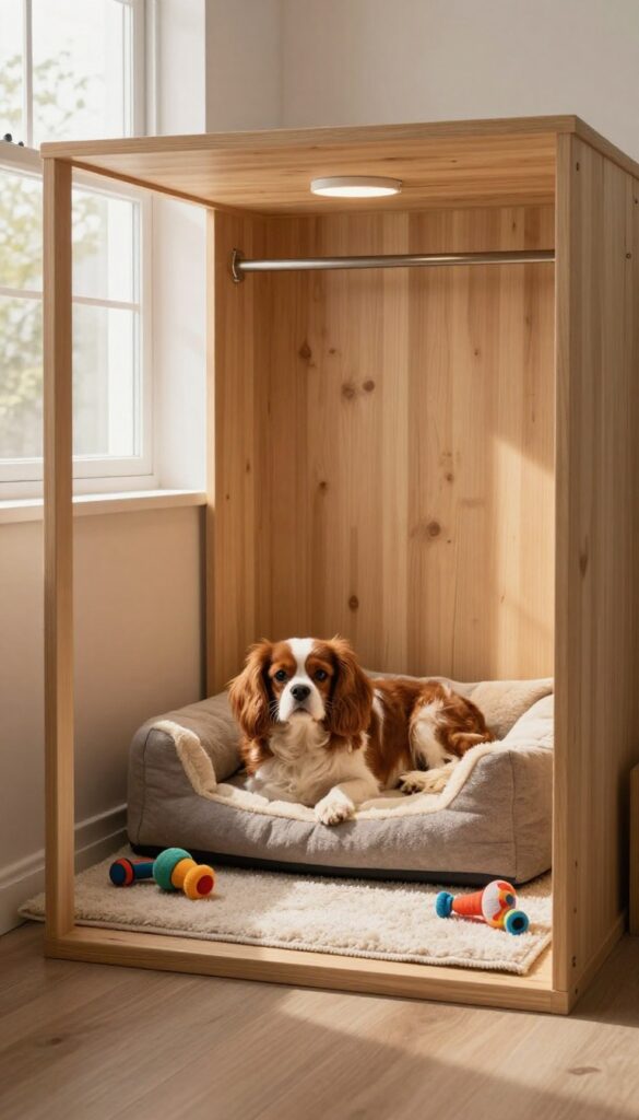 Cozy closet dog room with bed and toys, small dog resting inside