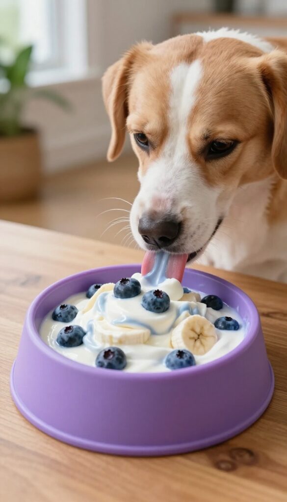 Dog licking frozen yogurt and berry swirl from a silicone lick bowl on a wooden table in bright natural light.