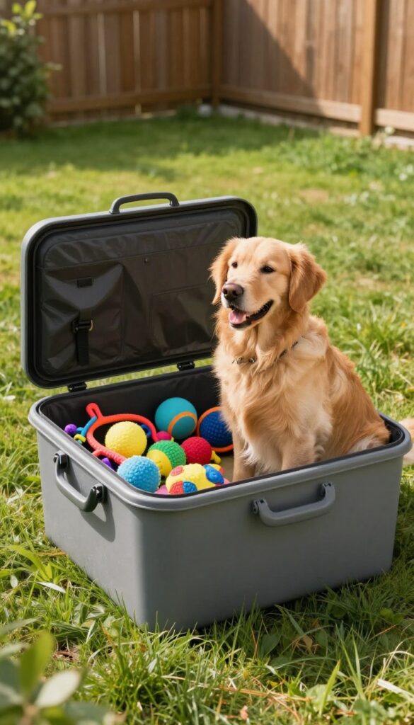 Dog sitting next to open storage bin filled with toys in a sunny backyard