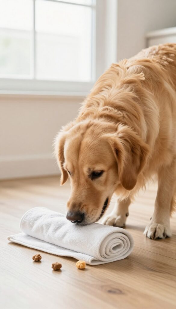 Dog sniffing a rolled towel with treats on a wooden floor
