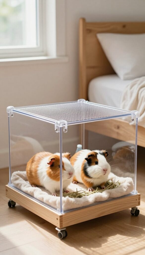 Under-bed guinea pig cage with clear acrylic sides and mesh top, on casters, with two guinea pigs inside, in a bright bedroom.