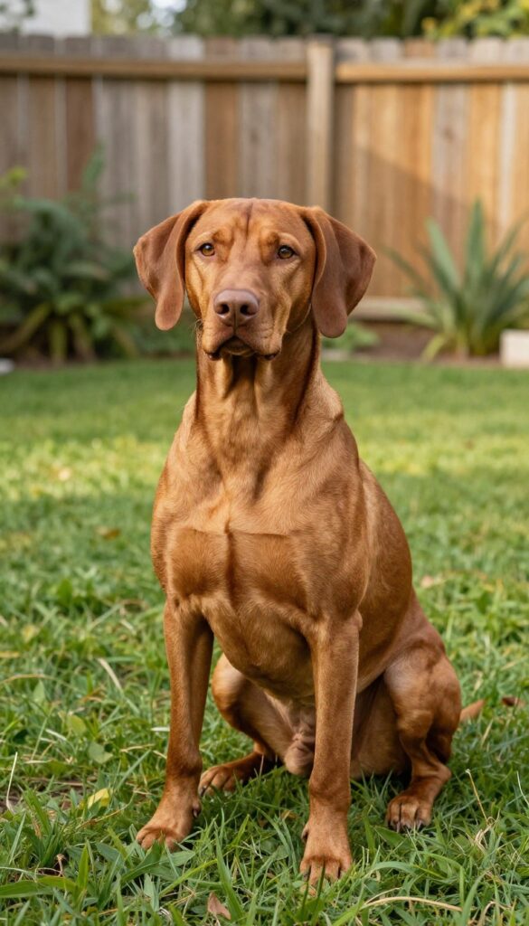 A cheerful reddish dog sitting on grass in a sunny backyard, embodying the classic yet charming name Rufus.