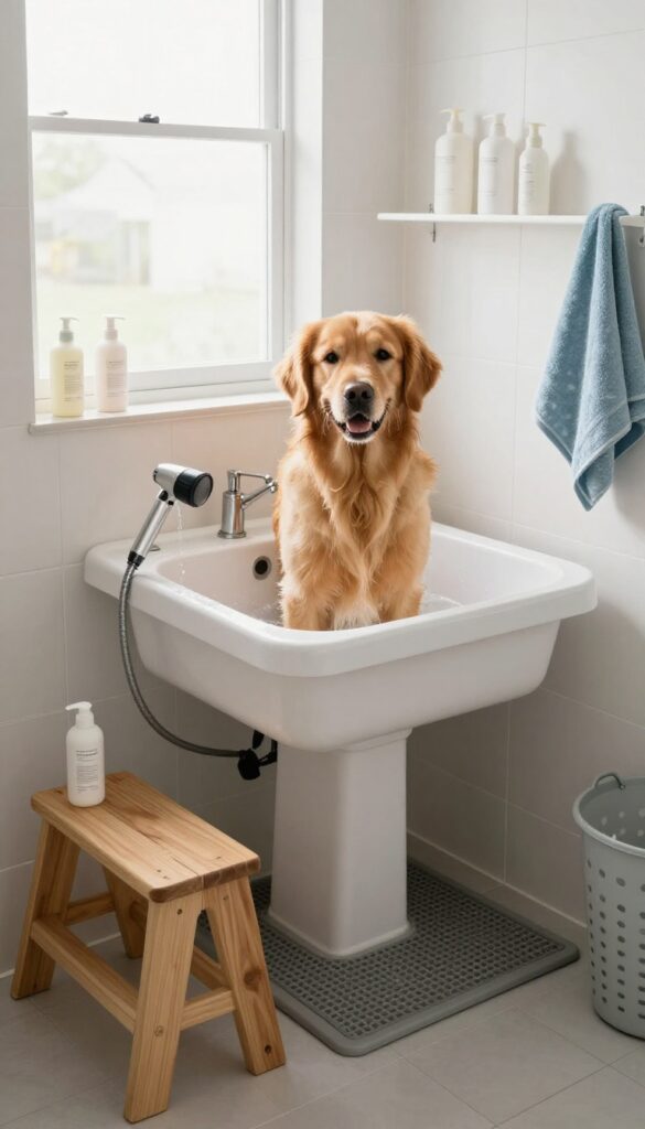 Deep utility sink in laundry room converted to dog bath with golden retriever standing on rubber mat, handheld sprayer attached, step stool beside sink, bright natural light, clean and organized.