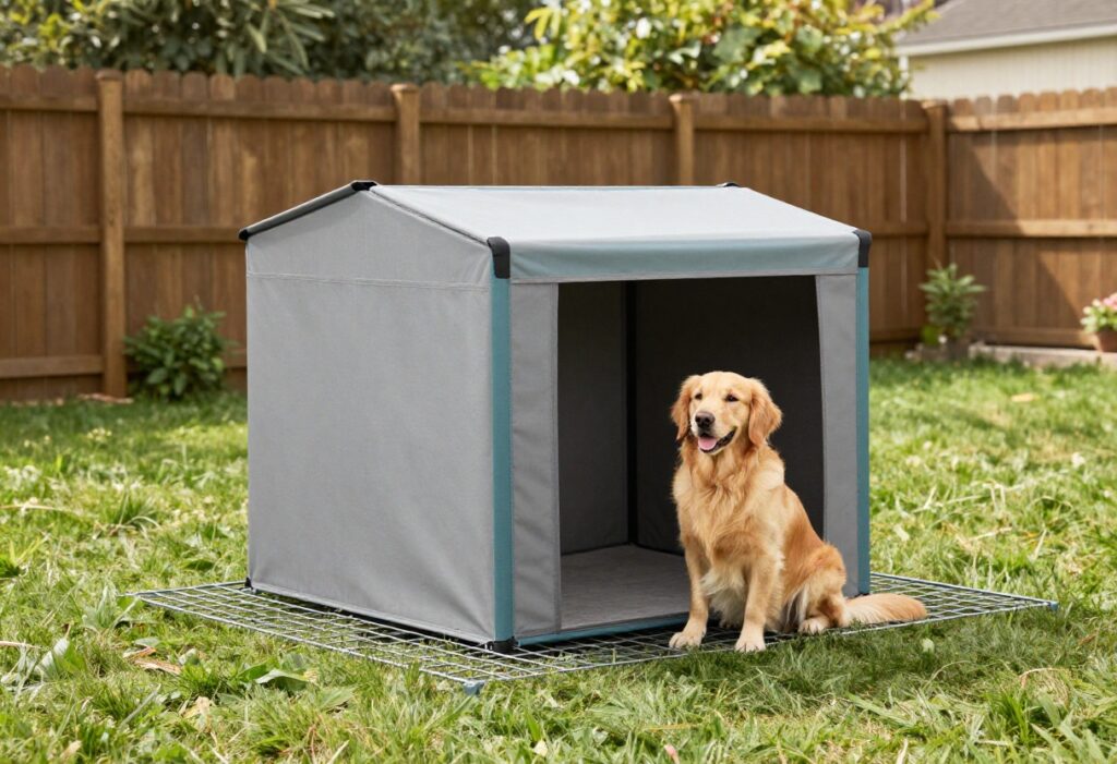 A golden retriever sitting in a kennel with a stylish two-tone gray and teal cover in a backyard.