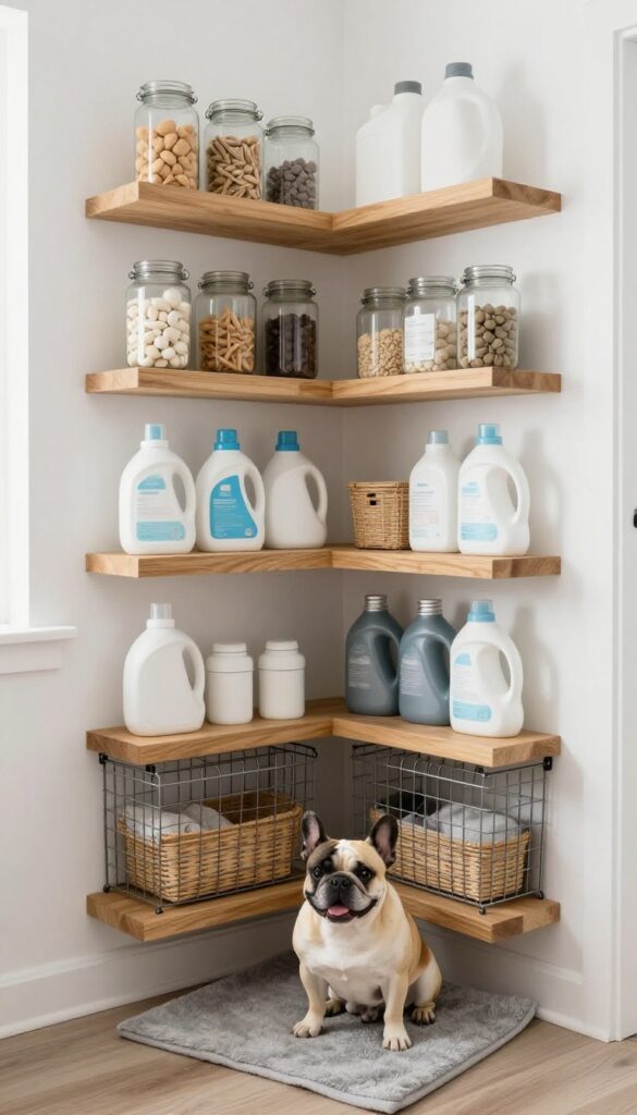 Corner dog crate with shelving in a laundry room, shelves holding detergent and supplies, dog sitting inside crate.