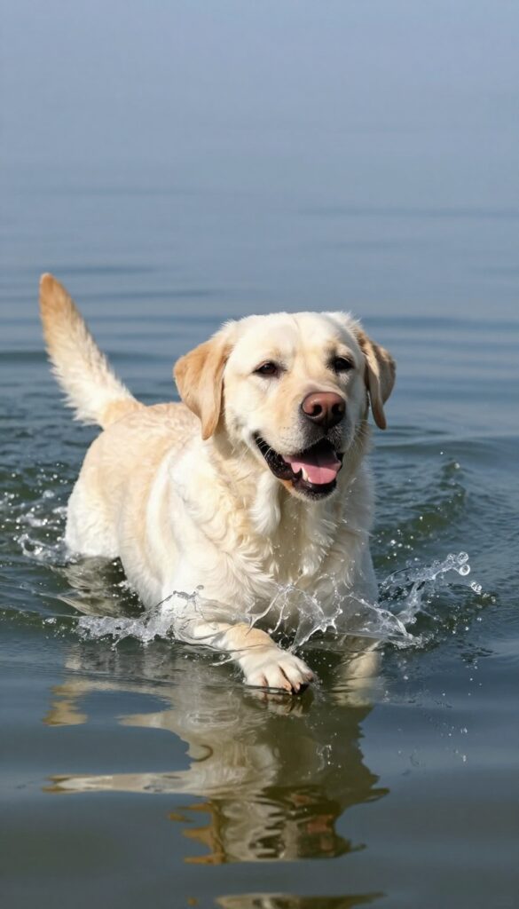 Dog wearing shark fin costume while swimming in lake