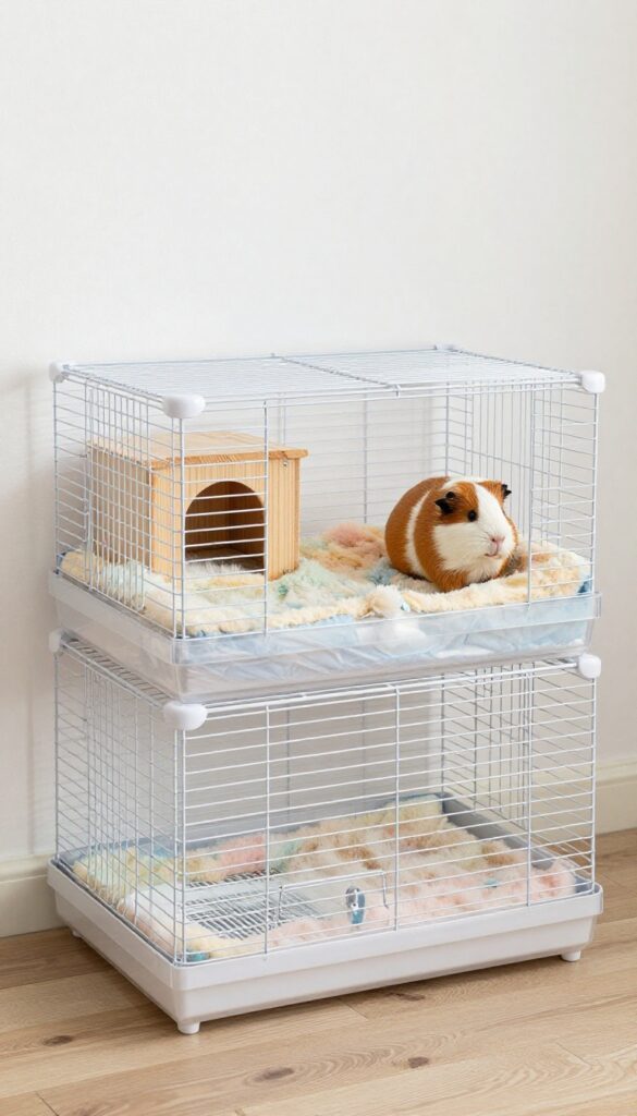 Stackable modular guinea pig cage with two levels, ramp, hideout, and hay rack, bright natural light, clean white background.