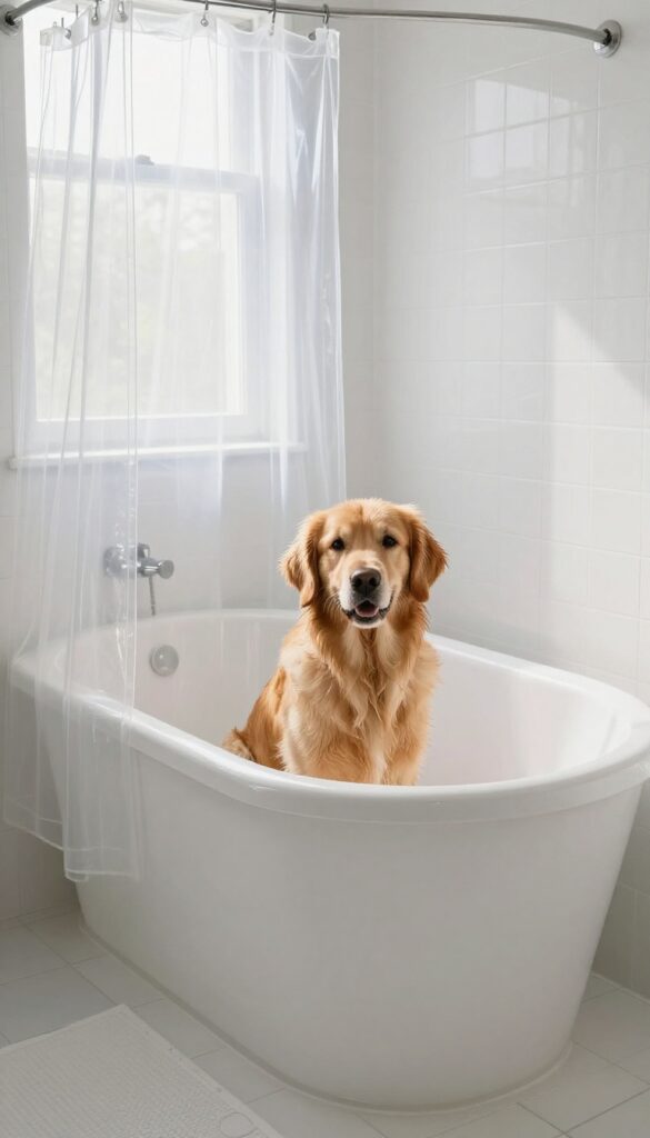 A golden retriever sitting in a bathtub with a clear shower curtain partially drawn to block splashes, natural light, clean bathroom.