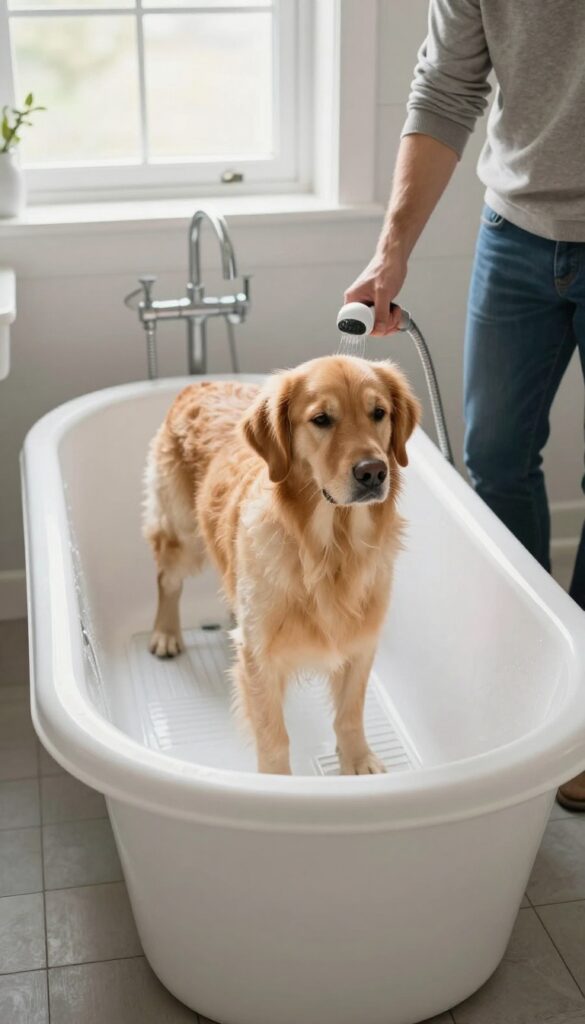 Raised dog bath tub in a laundry room with a golden retriever and a person using a handheld sprayer.