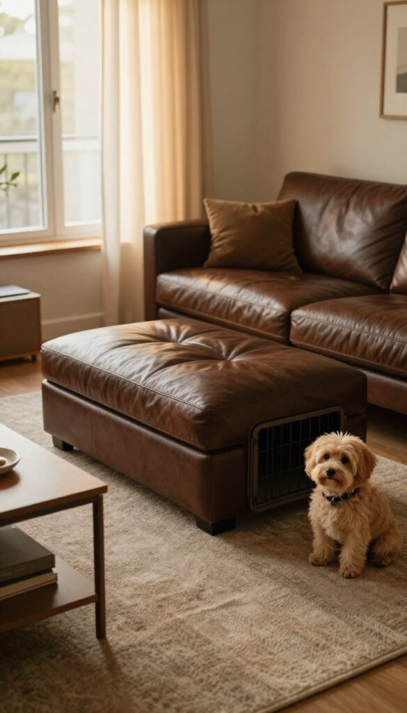 Ottoman dog crate in living room with dog peeking out