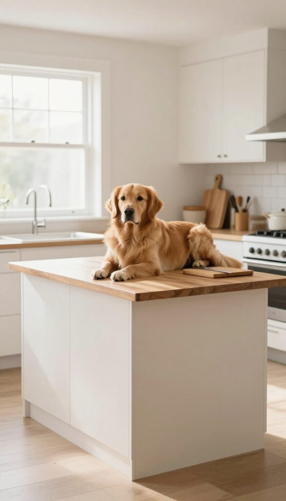Dog crate used as kitchen island extension with butcher block top, dog inside, bright natural light