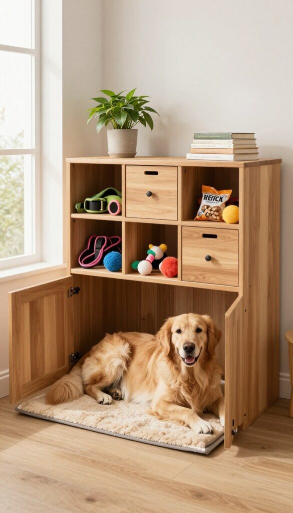 Multi-functional dog kennel with storage drawers in a bright living room, large breed dog resting inside, organized pet supplies visible in open drawer.