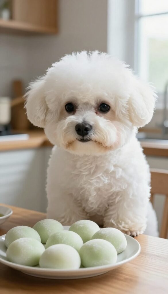 Small fluffy white dog sitting next to mochi on a kitchen counter