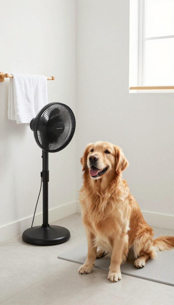 Utility room drying station with towel rack and fan for a Golden Retriever