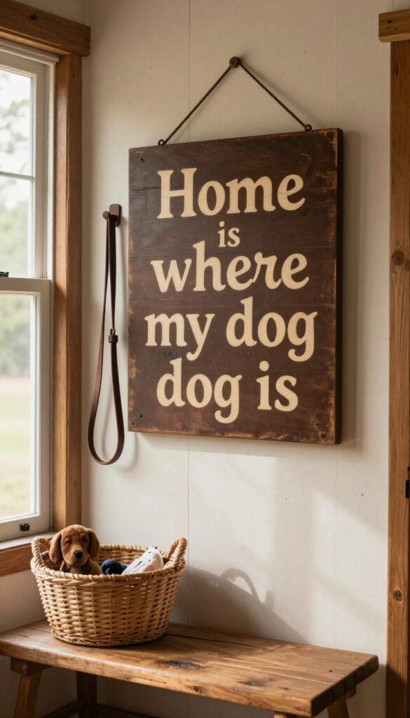 Rustic wooden sign with dog quote in a farmhouse entryway