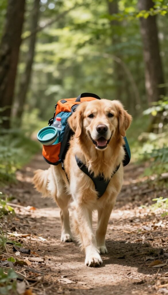 Golden Retriever wearing a colorful doggy backpack on a forest hiking trail
