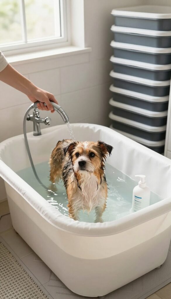 Portable collapsible tub dog washing station in a laundry room