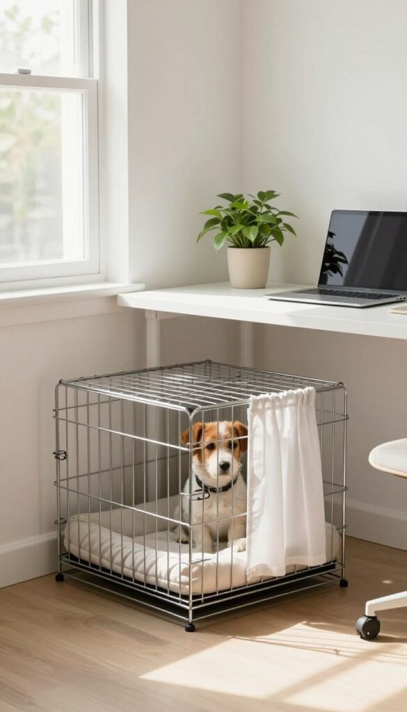 L-shaped desk with a dog crate tucked underneath in a bright home office corner