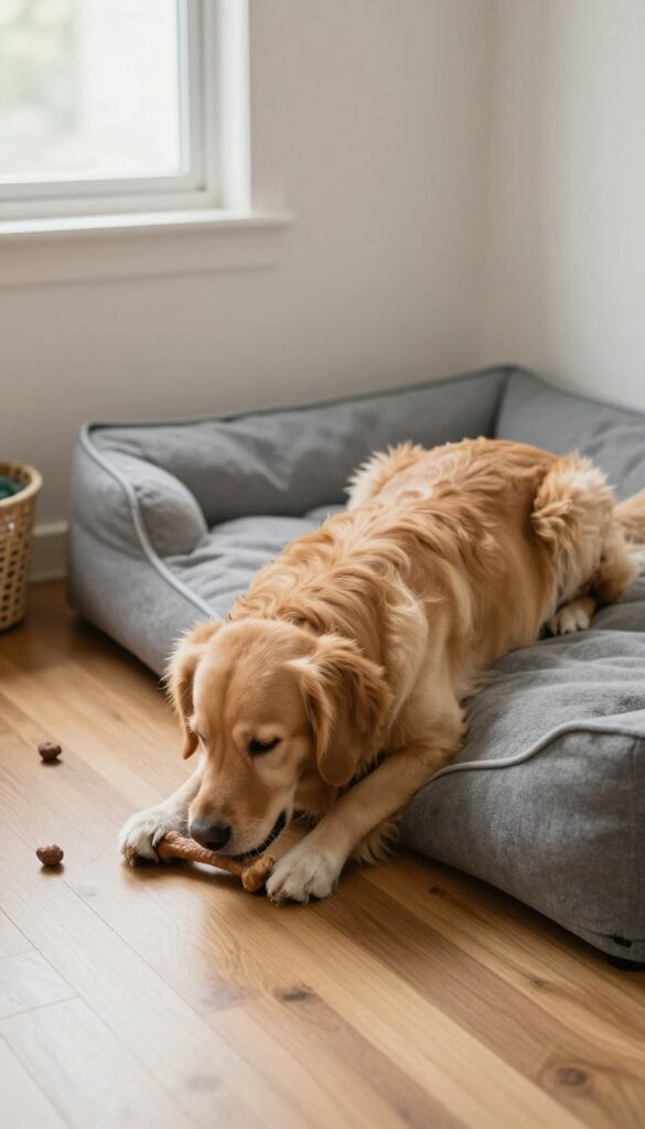 Golden retriever lying on a dog bed chewing a bully stick in a quiet, sunlit corner of a living room