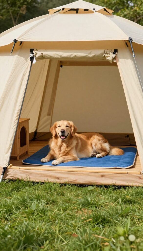 Golden retriever resting under a shaded canopy tent with a dog house in a sunny backyard