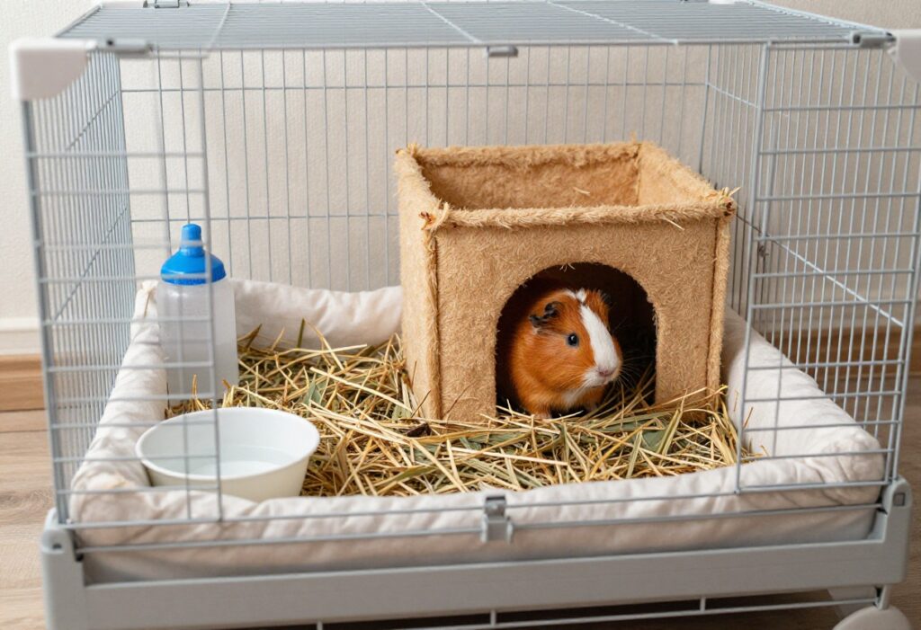 Guinea pig cage with storage bins underneath and pegboard on wall