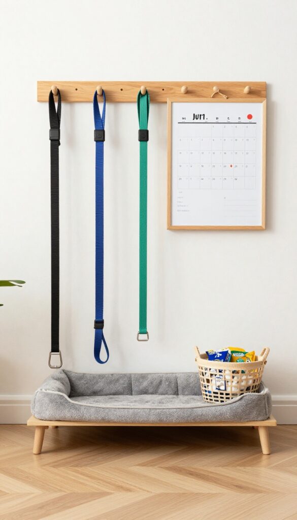 Under stairs dog command center with leash hooks, calendar, and storage baskets for dog supplies.