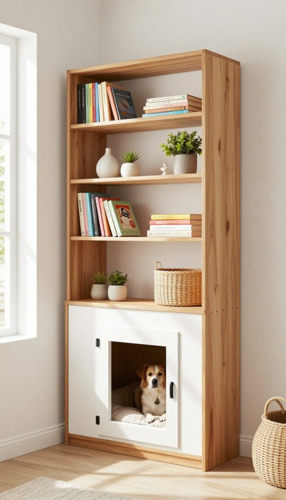 A wooden bookshelf with a pet door in the lower cubby, hiding a dog crate, with books and decor on upper shelves.