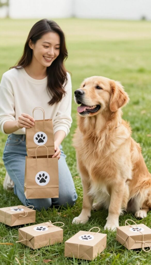 Dog owner handing a goodie bag to a golden retriever in a sunny park, with additional bags on the grass.
