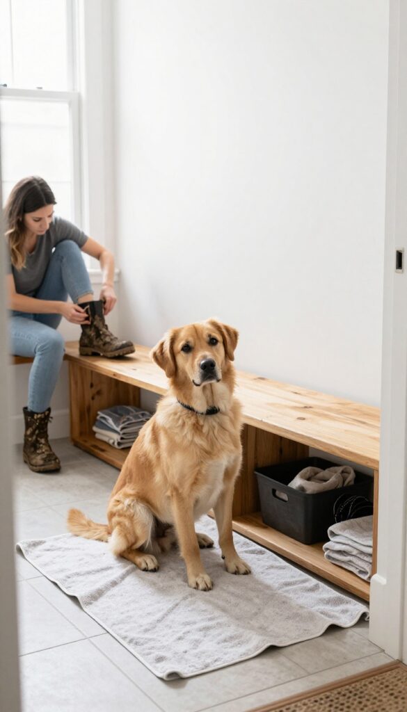Low wooden bench in mudroom with person sitting and removing boots, dog beside bench on towel, natural light, storage bin underneath.