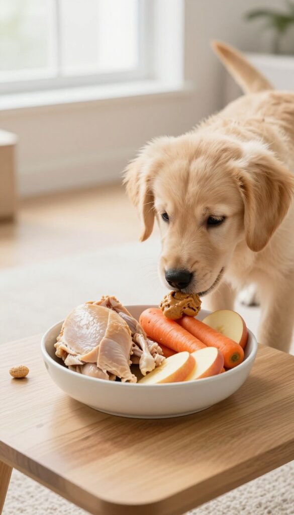 Dog-friendly snack bar with bowls of treats and a golden retriever puppy sniffing one bowl