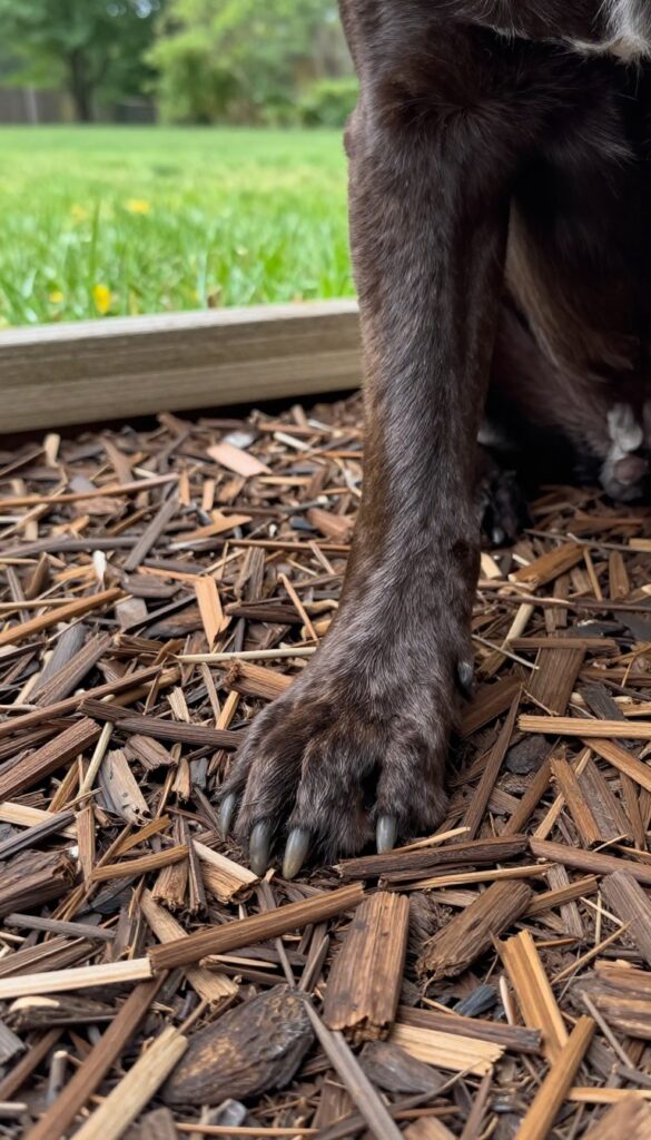 Dog's paw on safe cedar mulch in backyard
