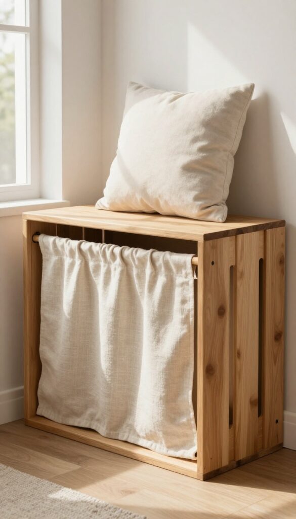 Cozy crate nook with custom cushion tucked under a console table, natural light, photorealistic dog room decor