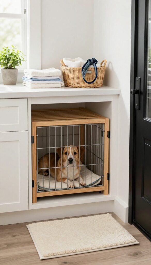 Built-in dog crate under laundry room counter with storage basket on top