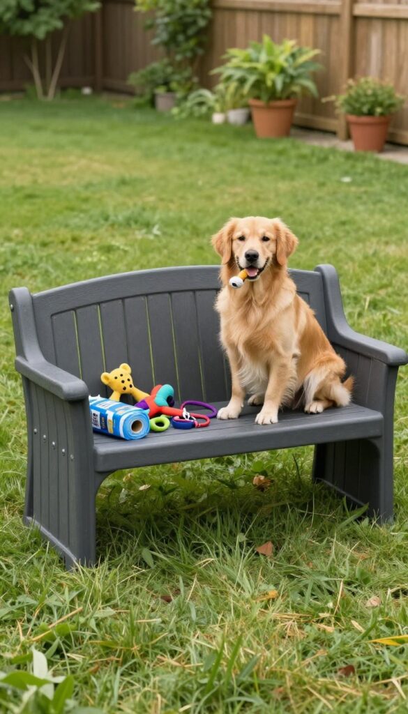 Weatherproof storage bench in a dog run, with a golden retriever sitting on it and toys visible inside