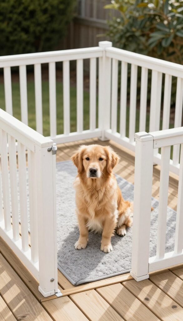Dog run made from repurposed baby gates on a deck