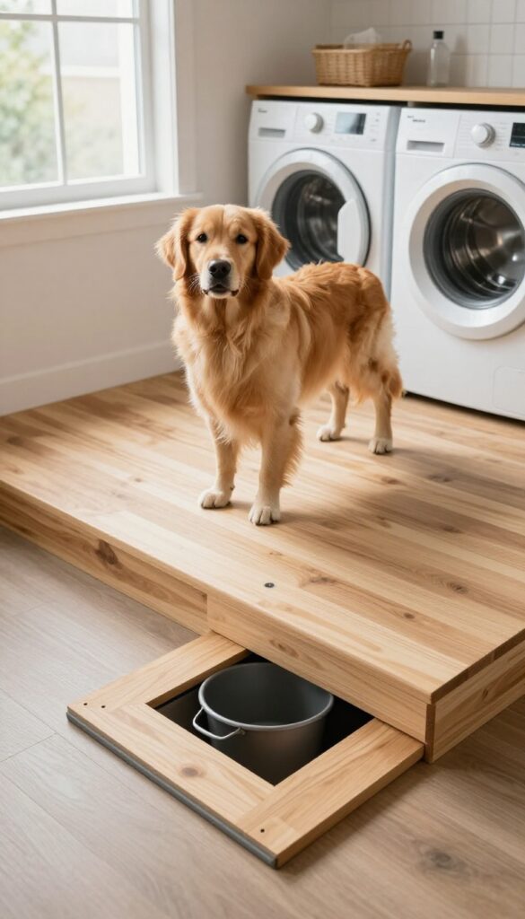 DIY raised wooden platform with drain and non-slip mat in bright laundry room, dog standing on platform