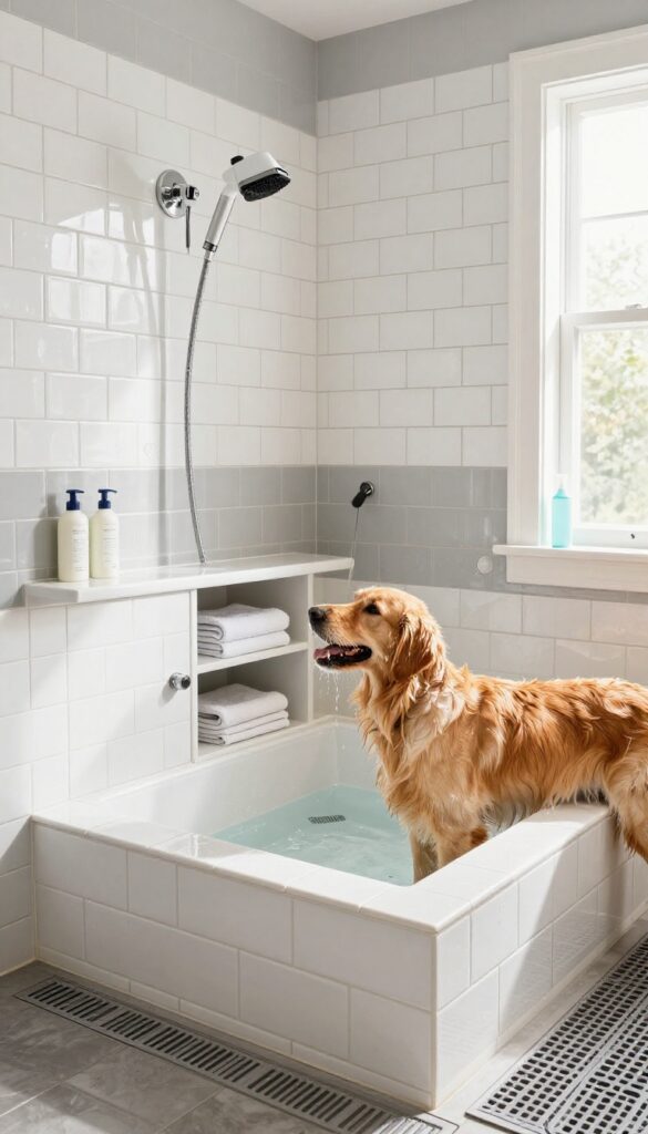 A tiled dog wash station in a mudroom, with a golden retriever being bathed using a handheld sprayer, surrounded by towels and grooming supplies.