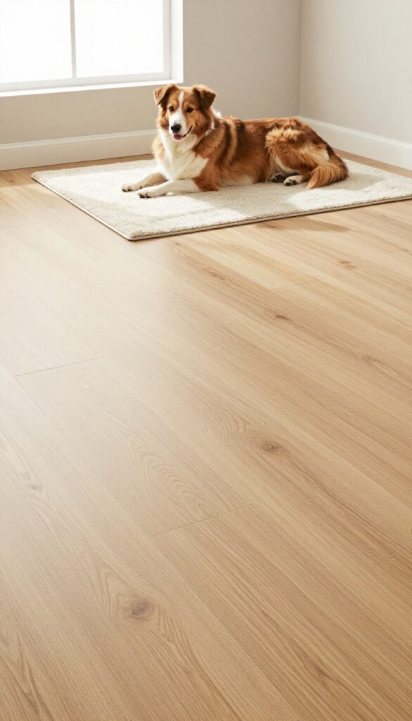 Dog-friendly room with luxury vinyl plank flooring, a dog resting on a rug, bright natural light.