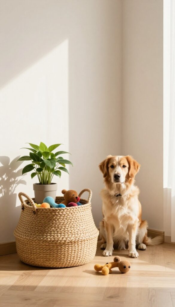Stylish woven seagrass basket with dog toys and a plant on top in a bright living room