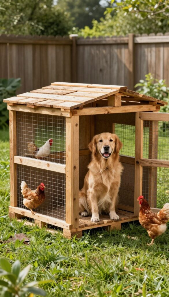 Rustic pallet dog kennel and chicken coop in a sunny backyard with a golden retriever and chickens