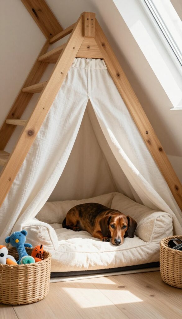 Cozy under-stair dog den with small dachshund on plush bed, curtain, and storage baskets