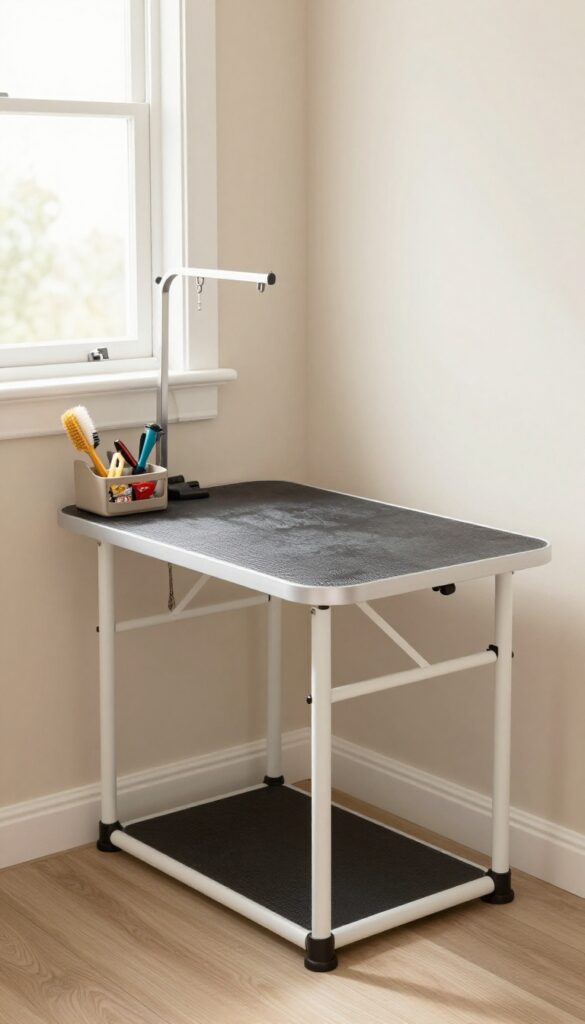 Under-stairs dog grooming station with fold-out table and grooming supplies in natural light