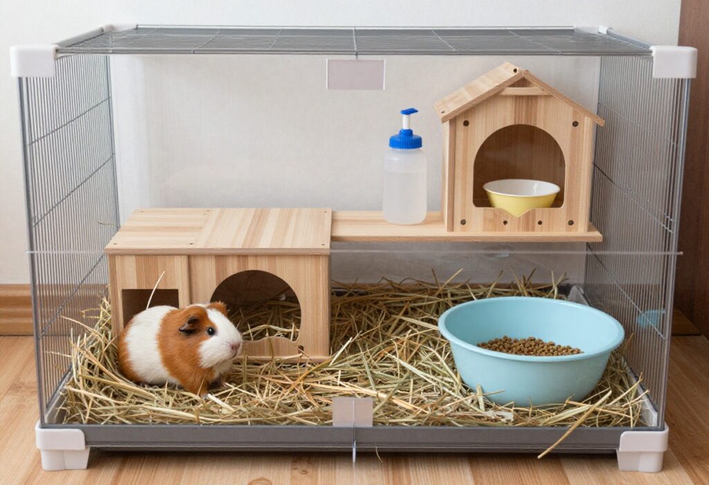 DIY guinea pig cage in a small room corner with fleece liner, hideout, and hay rack.