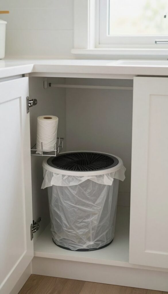Pull-out trash bin for dog waste inside a laundry room cabinet, with bag dispenser on door