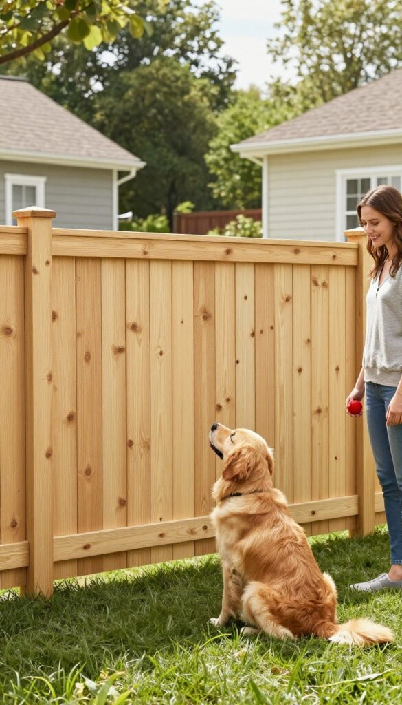 A solid wood privacy fence in a backyard with a golden retriever and a woman playing fetch, blocking the view of neighbors.