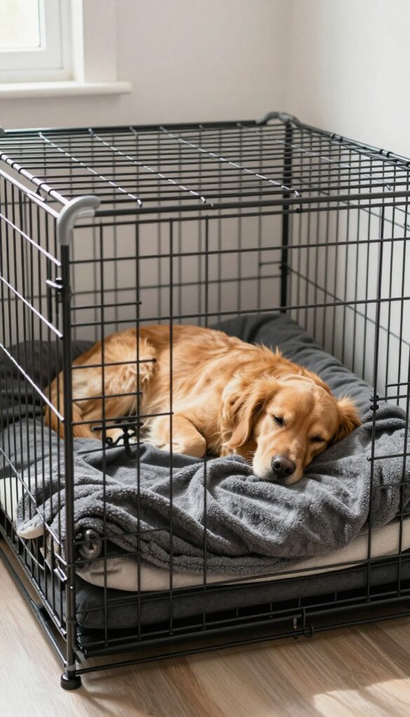 Dog crate covered with a dark blanket for privacy and calm, with a relaxed golden retriever inside in a bright living room