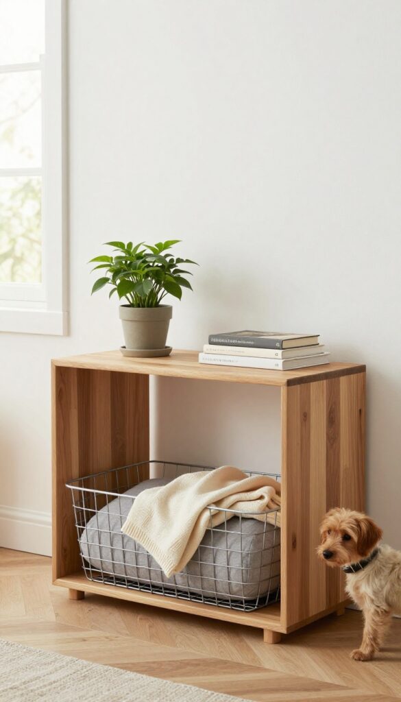 Cozy crate nook integrated into a console table in a bright living room