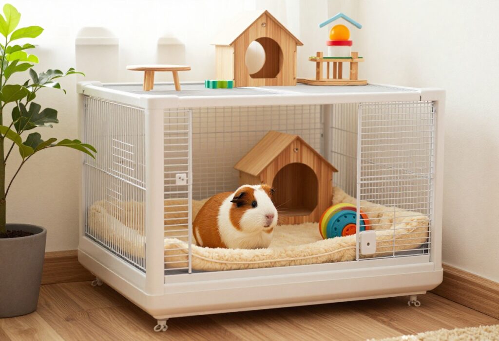 Cozy guinea pig cage setup with fleece liners and wooden hideouts in a bright room corner