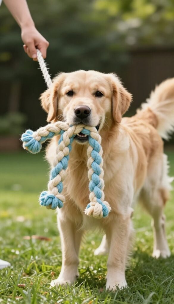 Golden retriever playing tug-of-war with a braided cotton tug toy in a sunny backyard