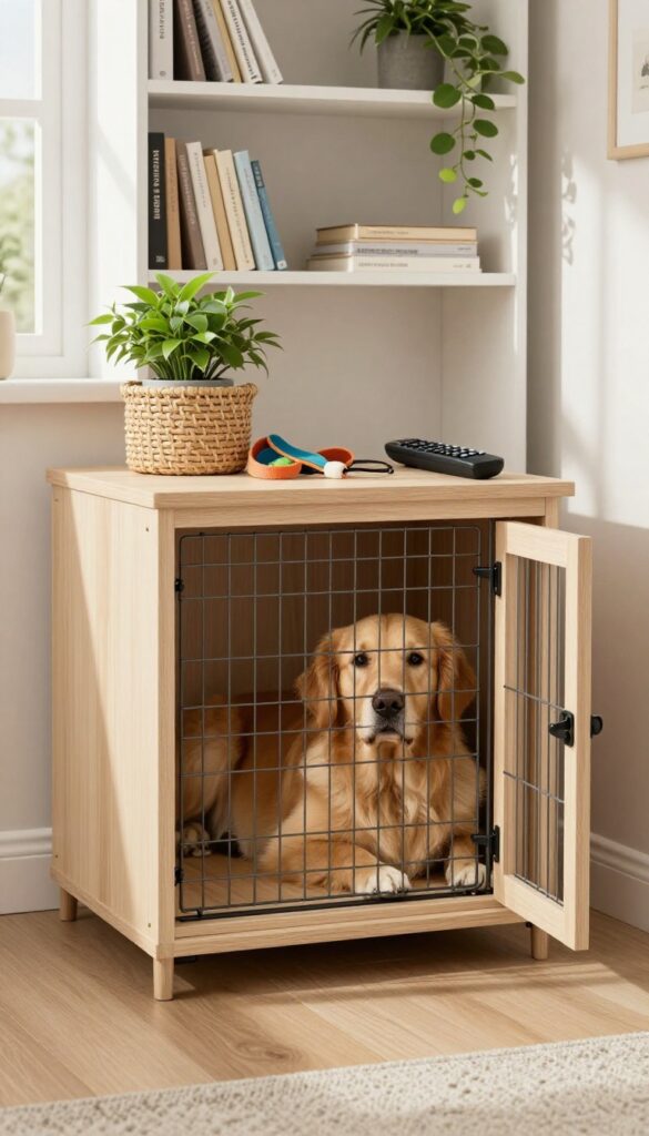 End table dog kennel with side shelves in a bright living room